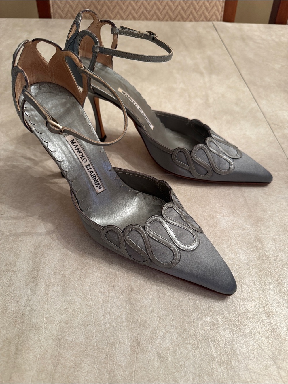 Manolo Blahnik Silver-Gray Satin Pointed Toe Ankle-Strap Heels - Picture 3 of 9